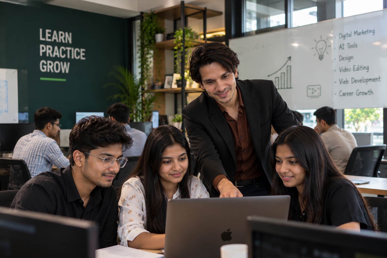 Students learning in a modern computer classroom