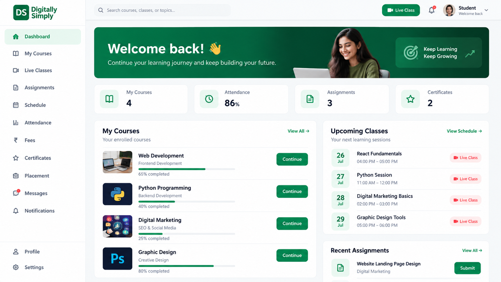 LMS dashboard and learning experience