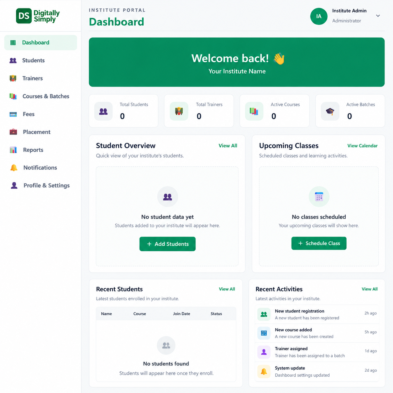 Institute Portal dashboard